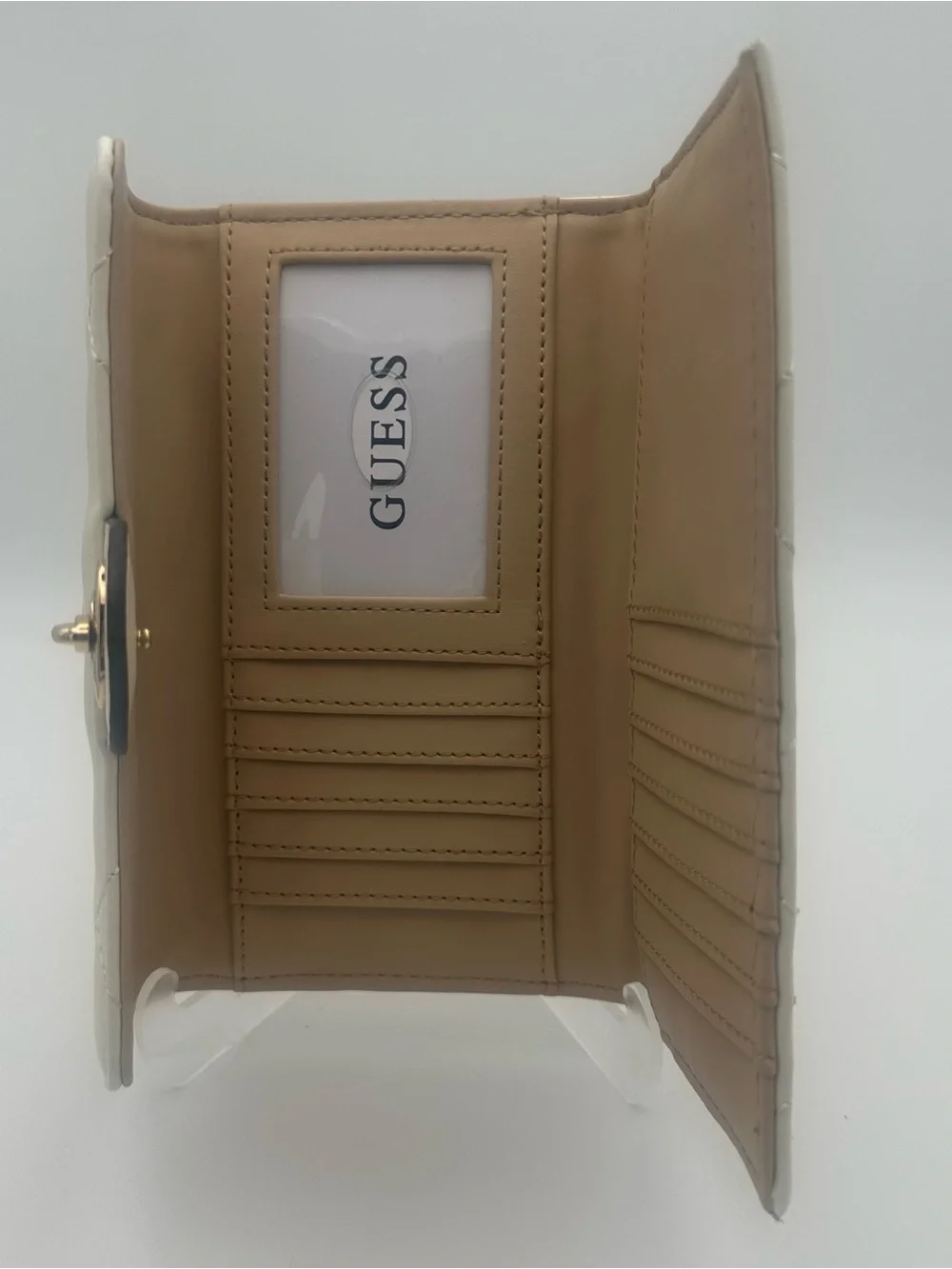 Guess Greenberry SLG Logo Slim Tri-Fold Clutch Wallet - White/Gold